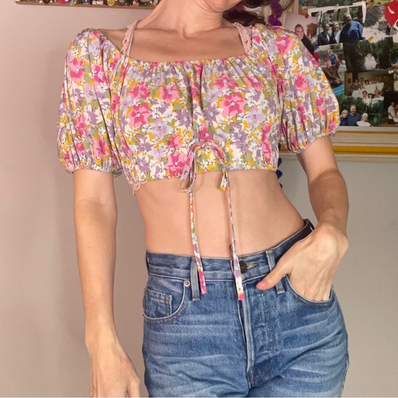 SOLD Pink Floral Peasant Spanish Crop Blouse - Picture 5 of 7